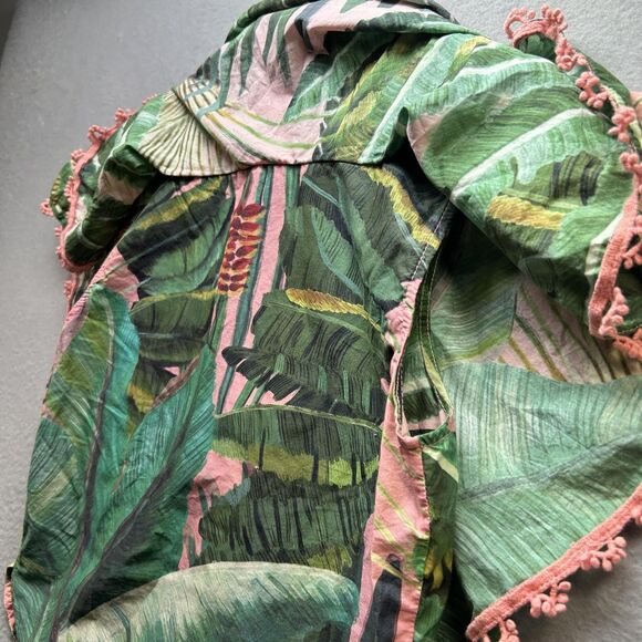 Farm Rio Shirt Womens Small Pink Green Tropical Leaf Ruffle Pom Pom Button Boho - Picture 7 of 9
